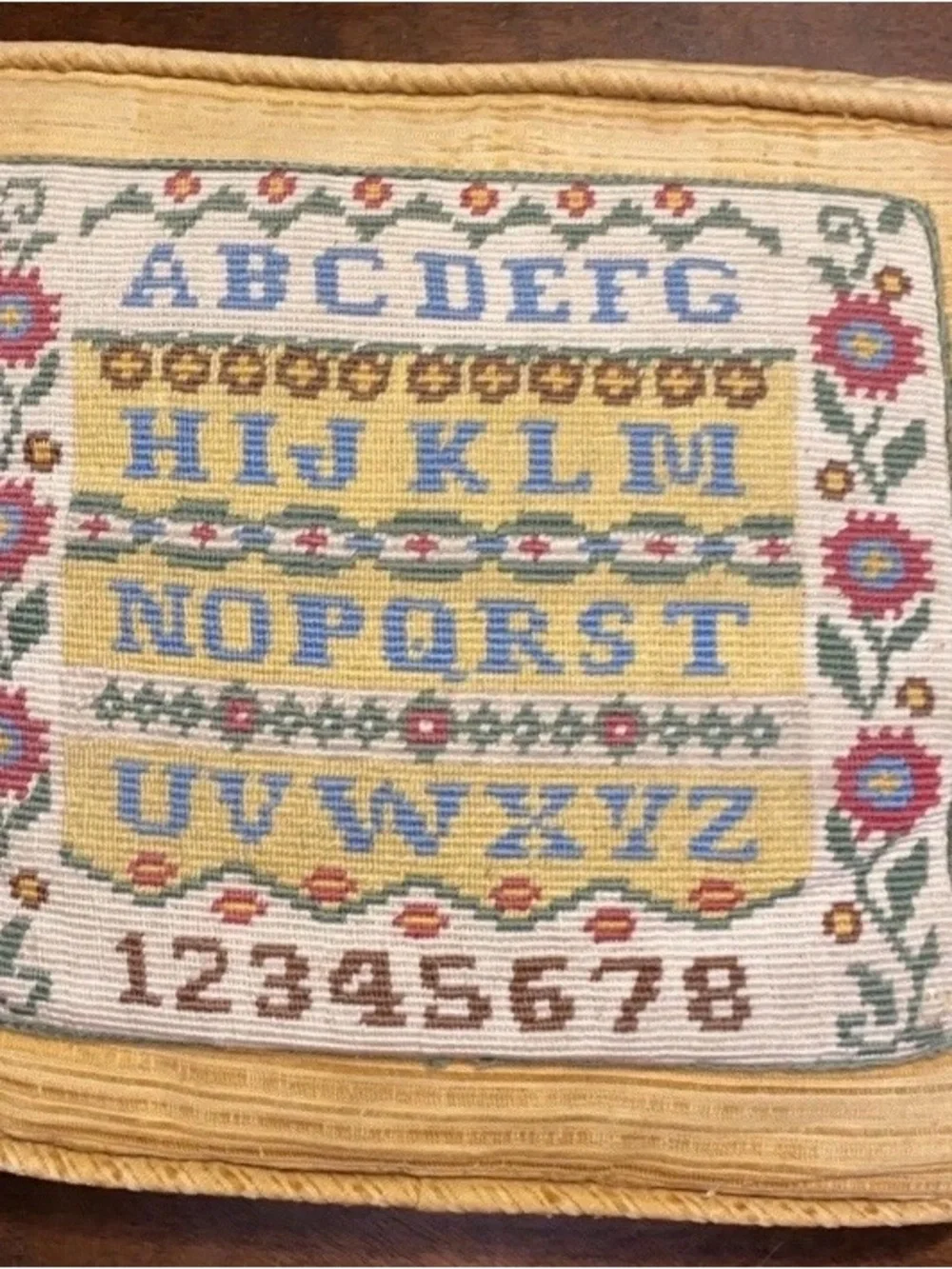 Vintage Embroidered Needlework Alphabet Sampler Pillow 12” x 12” -AA9